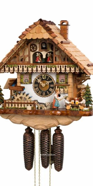 นาฬิกากุ๊กกูเยอรมัน Black Forest Germany ระบบกลไกไขลาน 8 วัน พร้อมเสียงดนตรี บ้านไม้สไตล์ Black Forest คนดื่มเบียร์คู่เคลื่อนไหว กังหันน้ำหมุนได้ ตัวละครหญิงเคลื่อนไหว รหัสสินค้า 0679