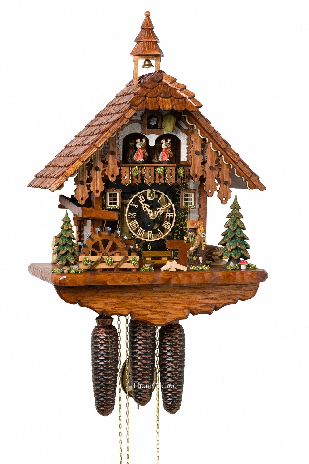 นาฬิกากุ๊กกูเยอรมัน Black Forest Germany ระบบกลไกไขลาน 8 วัน พร้อมเสียงดนตรี บ้านไม้สไตล์ Black Forest กังหันน้ำหมุนได้ ช่างนาฬิกาเคลื่อนไหว ตู้ไม้พร้อมหน้ากระจก รหัสสินค้า 0680