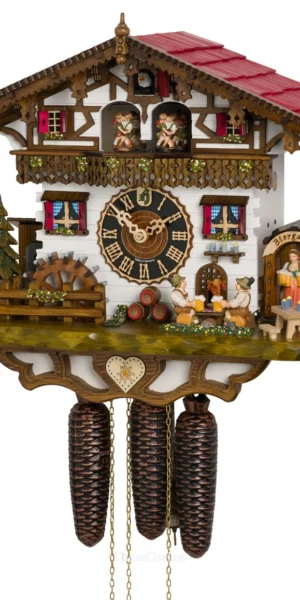 นาฬิกากุ๊กกูเยอรมัน Black Forest Germany ระบบกลไกไขลาน 8 วัน พร้อมเสียงดนตรี บ้านไม้สไตล์ Black Forest คนดื่มเบียร์คู่เคลื่อนไหว กังหันน้ำหมุนได้ รหัสสินค้า 0690