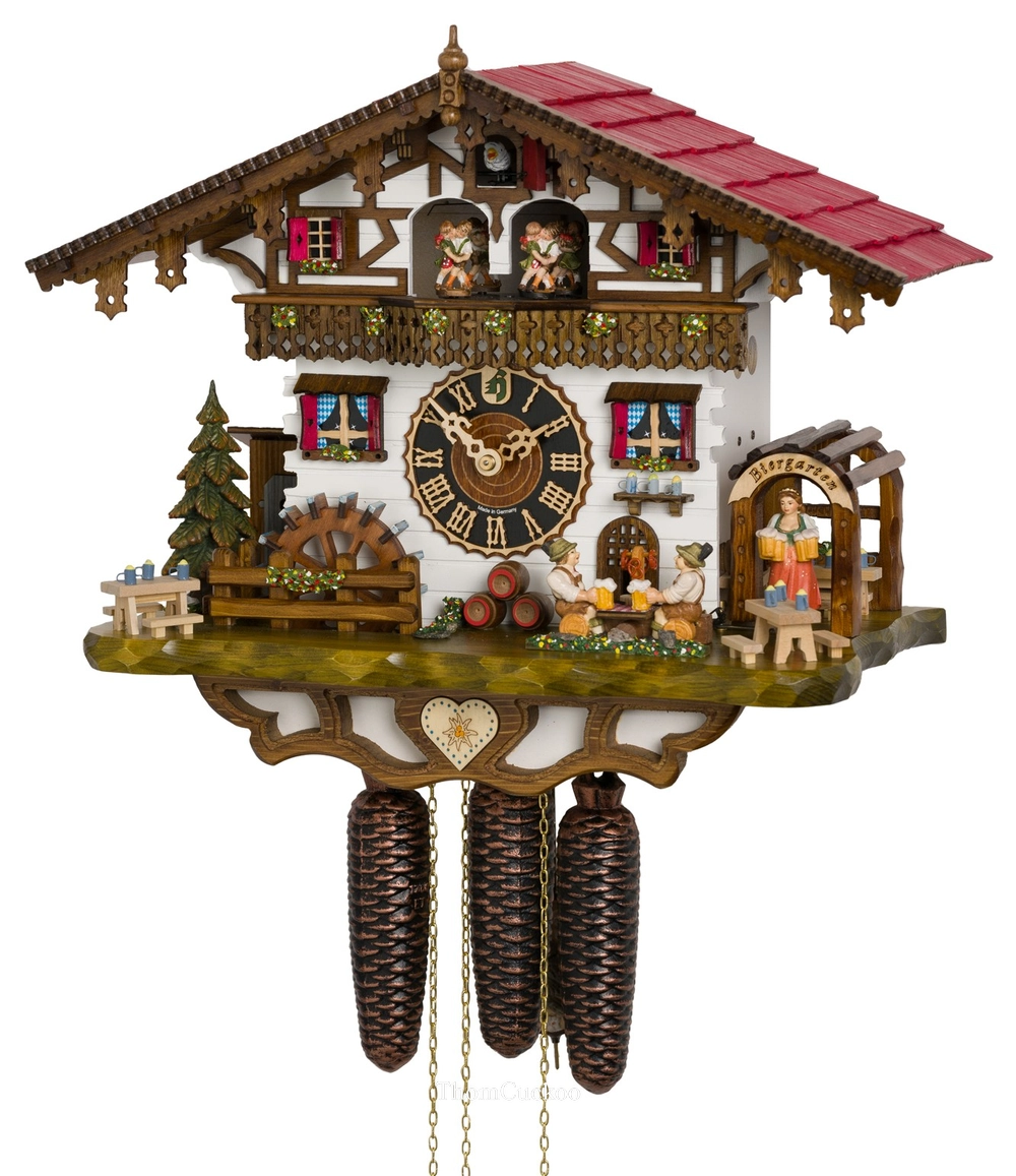 นาฬิกากุ๊กกูเยอรมัน Black Forest Germany ระบบกลไกไขลาน 8 วัน พร้อมเสียงดนตรี บ้านไม้สไตล์ Black Forest คนดื่มเบียร์คู่เคลื่อนไหว กังหันน้ำหมุนได้ รหัสสินค้า 0690