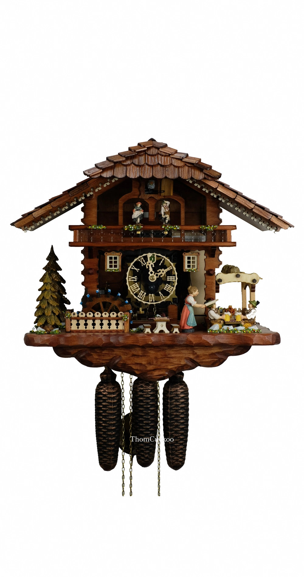 นาฬิกากุ๊กกูเยอรมัน Black Forest Germany ระบบกลไกไขลาน 8 วัน พร้อมเสียงดนตรี บ้านไม้สไตล์ Black Forest คนดื่มเบียร์คู่เคลื่อนไหว กังหันน้ำหมุนได้ รหัสสินค้า 0692