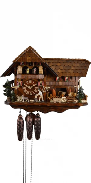 นาฬิกากุ๊กกูเยอรมัน Black Forest Germany ระบบกลไกไขลาน 8 วัน พร้อมเสียงดนตรี บ้านไม้สไตล์ Black Forest คนตัดไม้เคลื่อนไหว กังหันน้ำหมุนได้ รหัสสินค้า 0693