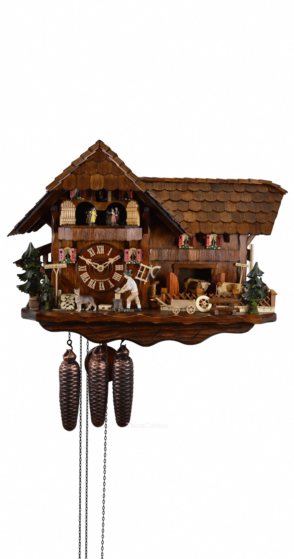 นาฬิกากุ๊กกูเยอรมัน Black Forest Germany ระบบกลไกไขลาน 8 วัน พร้อมเสียงดนตรี บ้านไม้สไตล์ Black Forest คนตัดไม้เคลื่อนไหว กังหันน้ำหมุนได้ รหัสสินค้า 0693