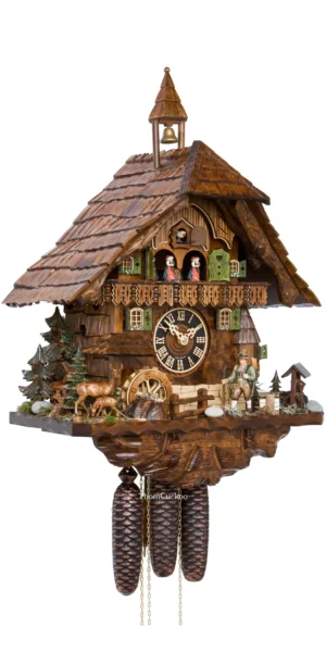 นาฬิกากุ๊กกูเยอรมัน Black Forest Germany ระบบกลไกไขลาน 8 วัน พร้อมเสียงดนตรี บ้านไม้สไตล์ Black Forest กังหันน้ำหมุนได้ นายพรานเคลื่อนไหว ธีมนายพราน รหัสสินค้า 0695