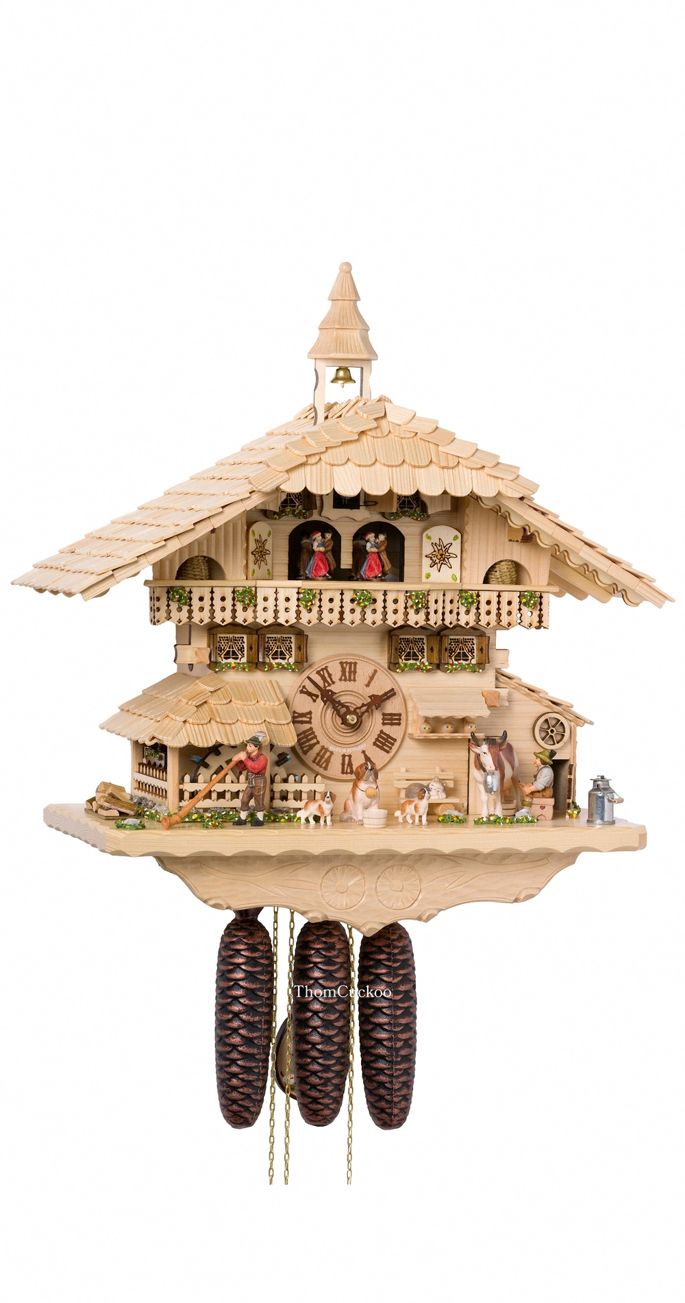 นาฬิกากุ๊กกูเยอรมัน Black Forest Germany ระบบกลไกไขลาน 8 วัน พร้อมเสียงดนตรี บ้านไม้สไตล์ Black Forest กังหันน้ำหมุนได้ คนรีดนมวัวเคลื่อนไหว ธีมฟาร์มยุโรป รหัสสินค้า 0698