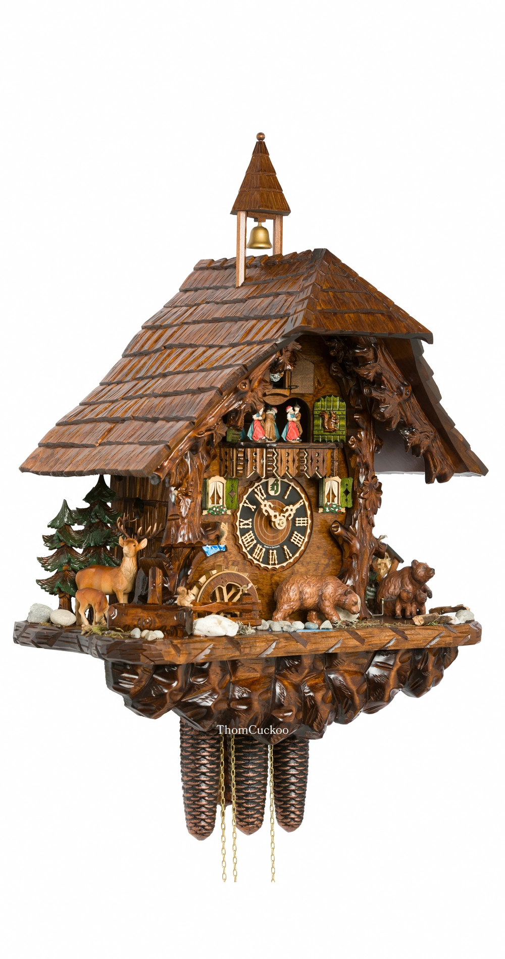 นาฬิกากุ๊กกูเยอรมัน Black Forest Germany ระบบกลไกไขลาน 8 วัน พร้อมเสียงดนตรี บ้านไม้สไตล์ Black Forest กังหันน้ำหมุนได้ หมีเคลื่อนไหว หมีป่า รหัสสินค้า 0702