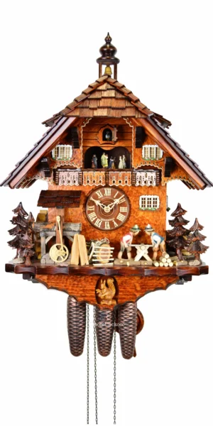 นาฬิกากุ๊กกูเยอรมัน Black Forest Germany ระบบกลไกไขลาน 8 วัน พร้อมเสียงดนตรี บ้านไม้สไตล์ Black Forest คนตัดไม้เคลื่อนไหว กังหันน้ำหมุนได้ รหัสสินค้า 0718
