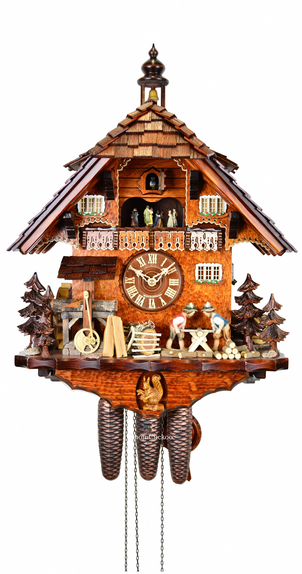 นาฬิกากุ๊กกูเยอรมัน Black Forest Germany ระบบกลไกไขลาน 8 วัน พร้อมเสียงดนตรี บ้านไม้สไตล์ Black Forest คนตัดไม้เคลื่อนไหว กังหันน้ำหมุนได้ รหัสสินค้า 0718