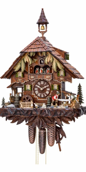 นาฬิกากุ๊กกูเยอรมัน Black Forest Germany ระบบกลไกไขลาน 8 วัน พร้อมเสียงดนตรี บ้านไม้สไตล์ Black Forest คนตัดไม้เคลื่อนไหว กังหันน้ำหมุนได้ รหัสสินค้า 0729