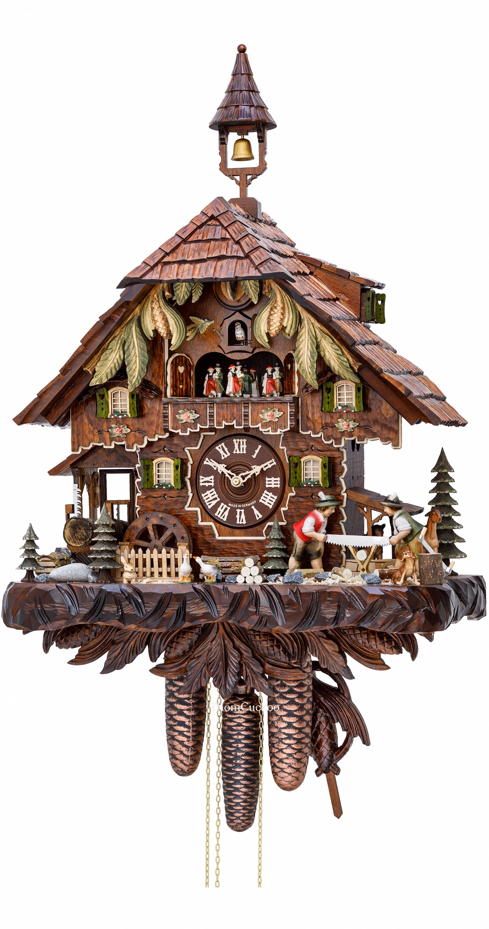 นาฬิกากุ๊กกูเยอรมัน Black Forest Germany ระบบกลไกไขลาน 8 วัน พร้อมเสียงดนตรี บ้านไม้สไตล์ Black Forest คนตัดไม้เคลื่อนไหว กังหันน้ำหมุนได้ รหัสสินค้า 0729