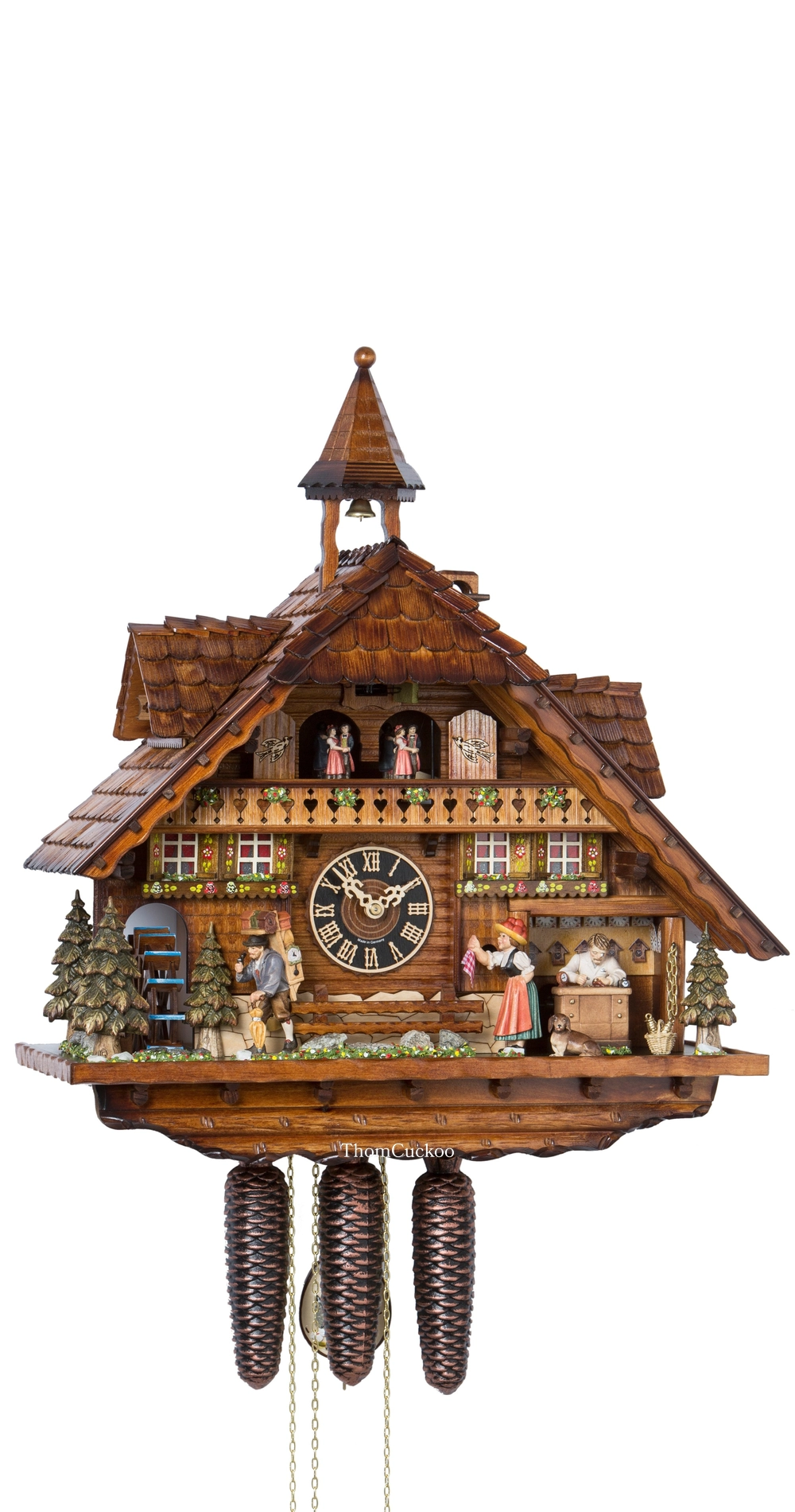 นาฬิกากุ๊กกูเยอรมัน Black Forest Germany ระบบกลไกไขลาน 8 วัน พร้อมเสียงดนตรี บ้านไม้สไตล์ Black Forest กังหันน้ำหมุนได้ ช่างนาฬิกาเคลื่อนไหว ตัวละครหญิงเคลื่อนไหว รหัสสินค้า 0730