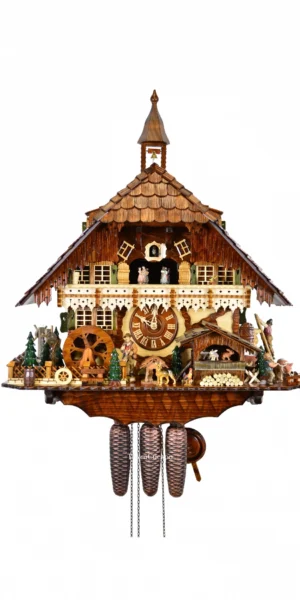 นาฬิกากุ๊กกูเยอรมัน Black Forest Germany ระบบกลไกไขลาน 8 วัน พร้อมเสียงดนตรี บ้านไม้สไตล์ Black Forest กังหันน้ำหมุนได้ กระต่ายเคลื่อนไหว สัตว์ป่า รหัสสินค้า 0744