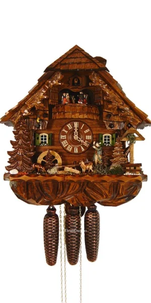 นาฬิกากุ๊กกูเยอรมัน Black Forest Germany ระบบกลไกไขลาน 8 วัน พร้อมเสียงดนตรี คลาสสิกไม้แกะสลัก กังหันน้ำหมุนได้ ธีมนายพราน ไม้กางเขนริมทาง รหัสสินค้า 0643