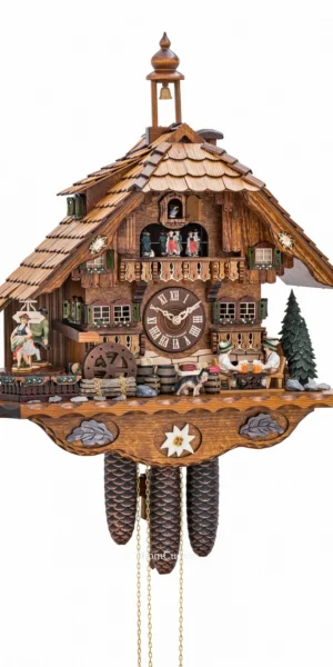 นาฬิกากุ๊กกูเยอรมัน Black Forest Germany ระบบกลไกไขลาน 8 วัน พร้อมเสียงดนตรี คลาสสิกไม้แกะสลัก คนดื่มเบียร์คู่เคลื่อนไหว กังหันน้ำหมุนได้ ตุ๊กตาเต้นระบำ รหัสสินค้า 0673