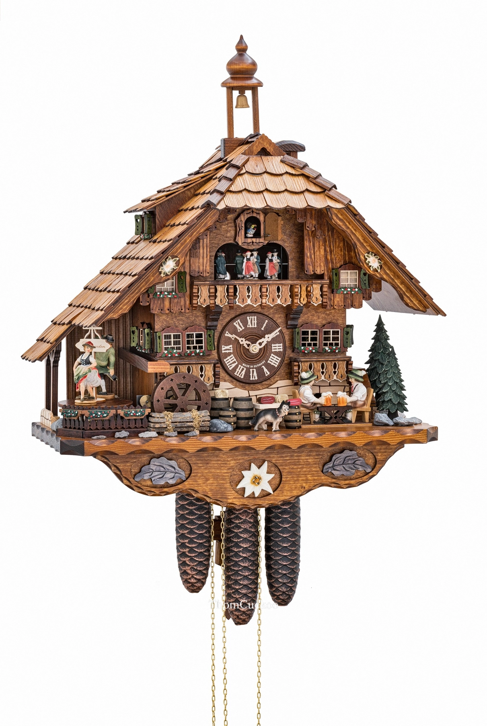 นาฬิกากุ๊กกูเยอรมัน Black Forest Germany ระบบกลไกไขลาน 8 วัน พร้อมเสียงดนตรี คลาสสิกไม้แกะสลัก คนดื่มเบียร์คู่เคลื่อนไหว กังหันน้ำหมุนได้ ตุ๊กตาเต้นระบำ รหัสสินค้า 0673