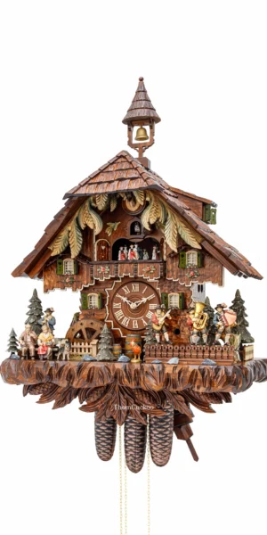นาฬิกากุ๊กกูเยอรมัน Black Forest Germany ระบบกลไกไขลาน 8 วัน พร้อมเสียงดนตรี คลาสสิกไม้แกะสลัก กังหันน้ำหมุนได้ ตุ๊กตาเต้นระบำ รหัสสินค้า 0728