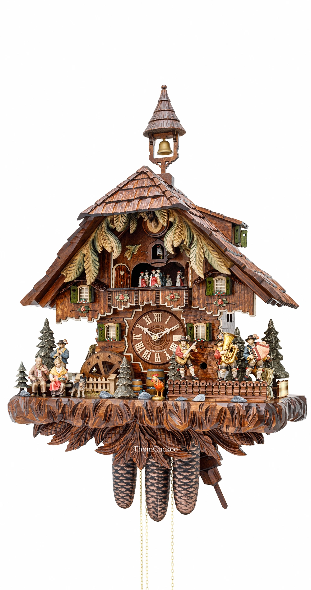 นาฬิกากุ๊กกูเยอรมัน Black Forest Germany ระบบกลไกไขลาน 8 วัน พร้อมเสียงดนตรี คลาสสิกไม้แกะสลัก กังหันน้ำหมุนได้ ตุ๊กตาเต้นระบำ รหัสสินค้า 0728