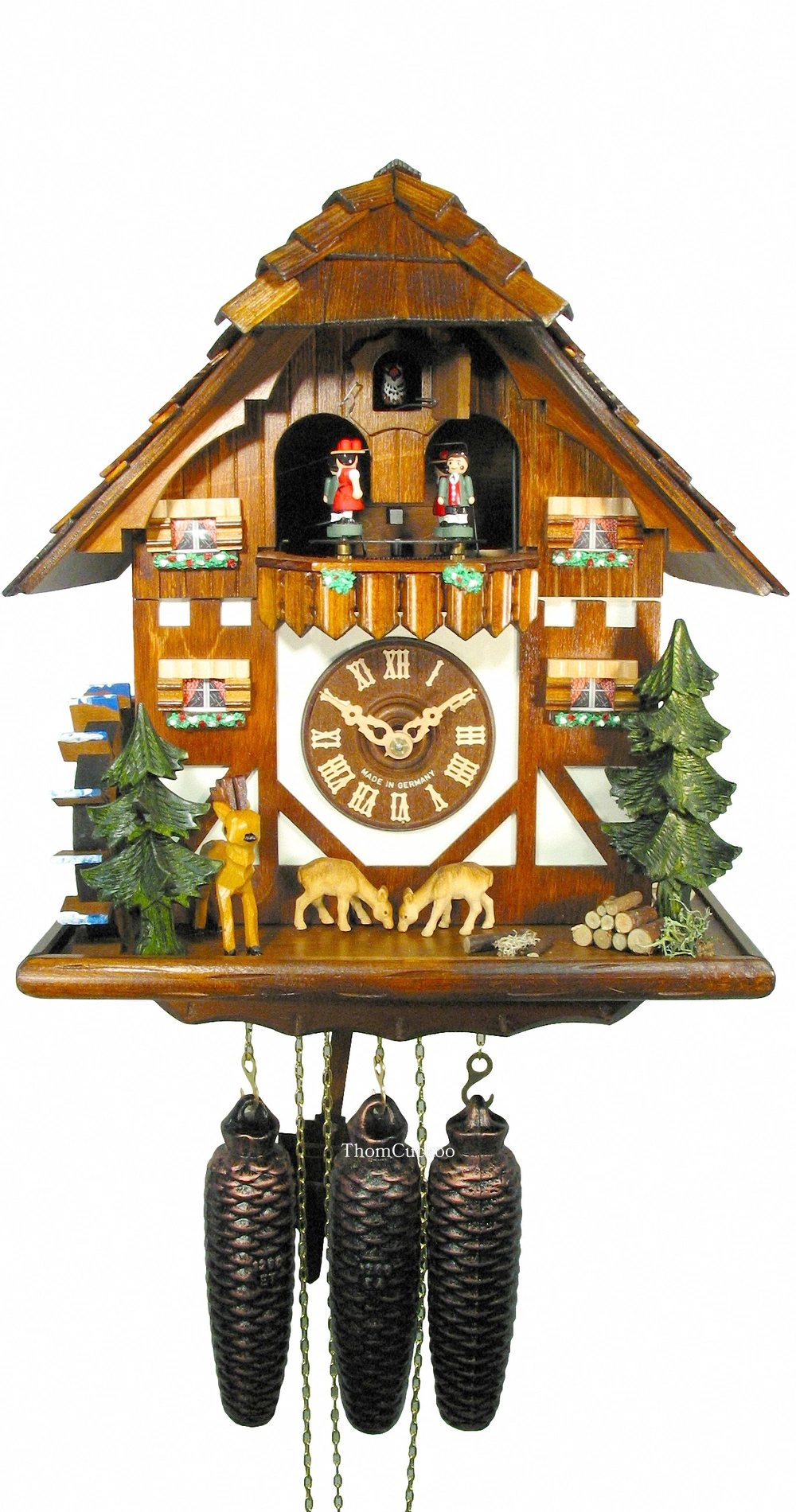 นาฬิกากุ๊กกูเยอรมัน Black Forest Germany ระบบกลไกไขลาน 8 วัน พร้อมเสียงดนตรี ลายกวางและสัตว์ป่าแกะสลัก รหัสสินค้า 0575
