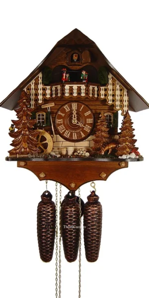 นาฬิกากุ๊กกูเยอรมัน Black Forest Germany ระบบกลไกไขลาน 8 วัน พร้อมเสียงดนตรี ลายกวางและสัตว์ป่าแกะสลัก กังหันน้ำหมุนได้ รหัสสินค้า 0577