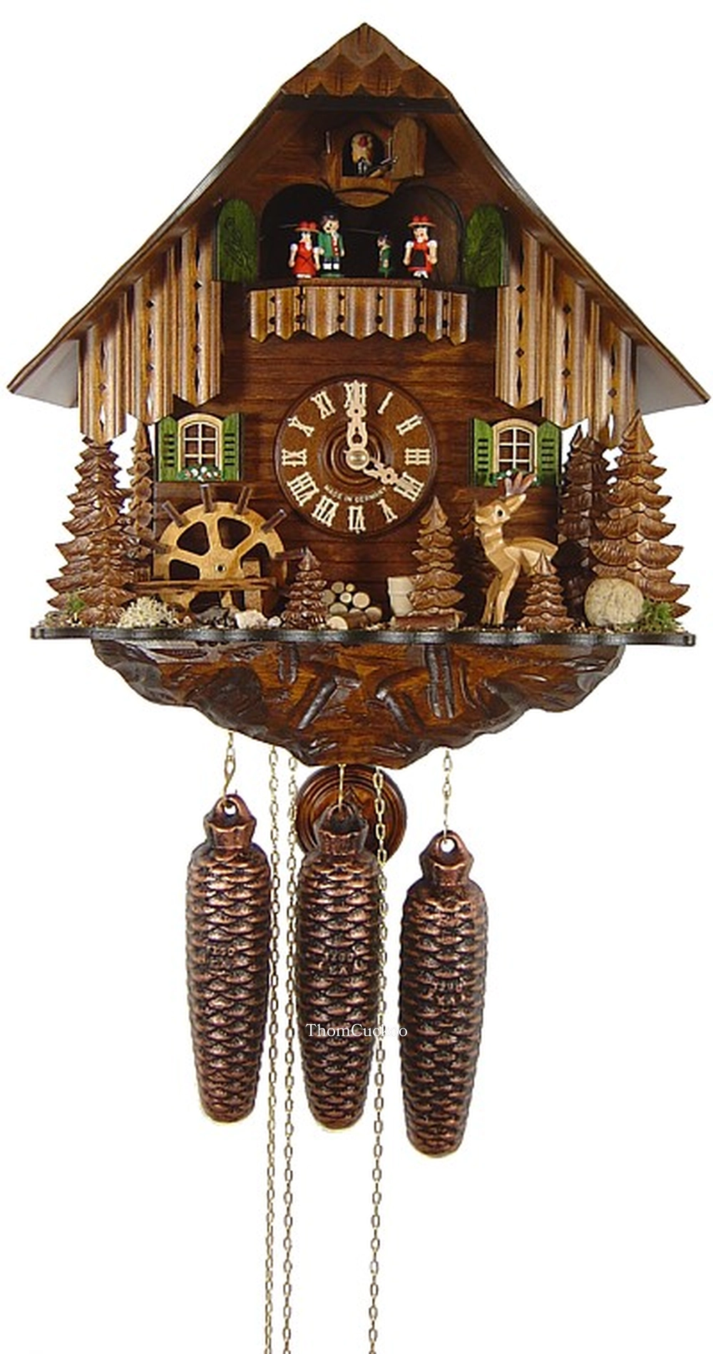 นาฬิกากุ๊กกูเยอรมัน Black Forest Germany ระบบกลไกไขลาน 8 วัน พร้อมเสียงดนตรี ลายกวางและสัตว์ป่าแกะสลัก กังหันน้ำหมุนได้ รหัสสินค้า 0583