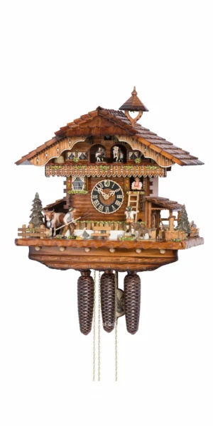 นาฬิกากุ๊กกูเยอรมัน Black Forest Germany ระบบกลไกไขลาน 8 วัน พร้อมเสียงดนตรี บ้านฟาร์มยุโรป ตัวละครหญิงเคลื่อนไหว รหัสสินค้า 0701