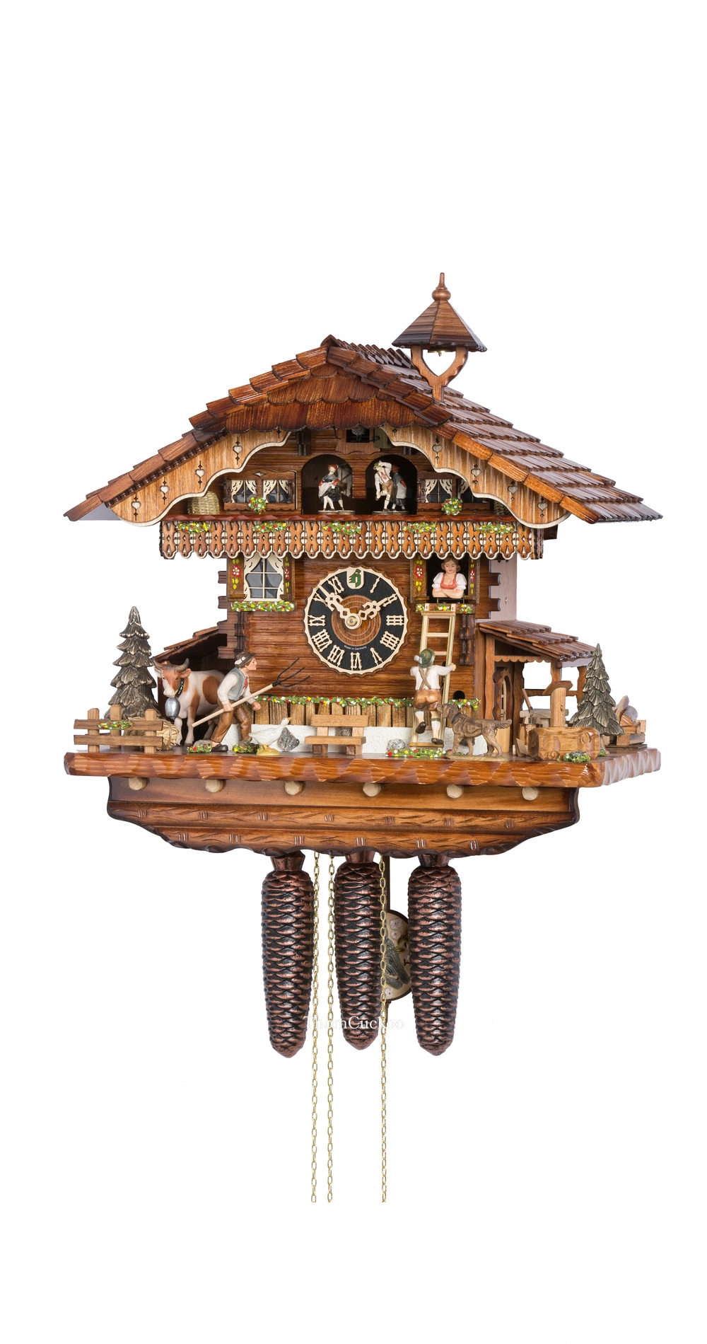นาฬิกากุ๊กกูเยอรมัน Black Forest Germany ระบบกลไกไขลาน 8 วัน พร้อมเสียงดนตรี บ้านฟาร์มยุโรป ตัวละครหญิงเคลื่อนไหว รหัสสินค้า 0701