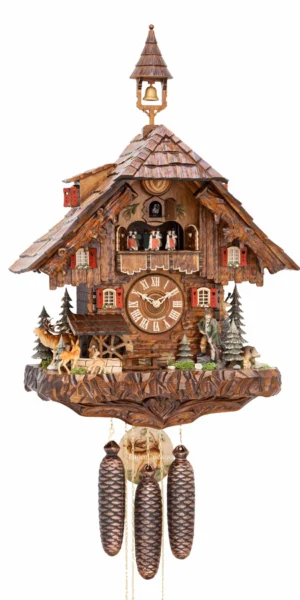 นาฬิกากุ๊กกูเยอรมัน Black Forest Germany ระบบกลไกไขลาน 8 วัน พร้อมเสียงดนตรี บ้านนายพราน กังหันน้ำหมุนได้ ธีมนายพราน รหัสสินค้า 0711