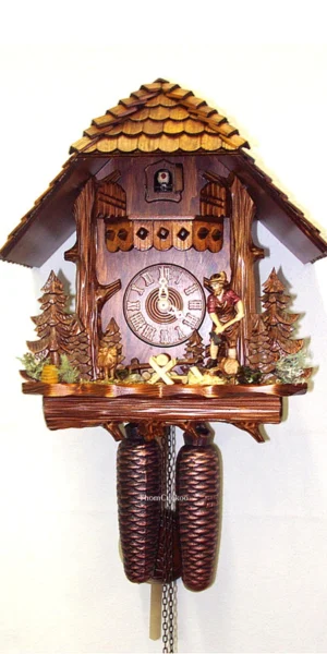นาฬิกากุ๊กกูเยอรมัน Black Forest Germany ระบบกลไกไขลาน 8 วัน ทรงลำต้นไม้แกะสลัก คนตัดไม้เคลื่อนไหว รหัสสินค้า 0557