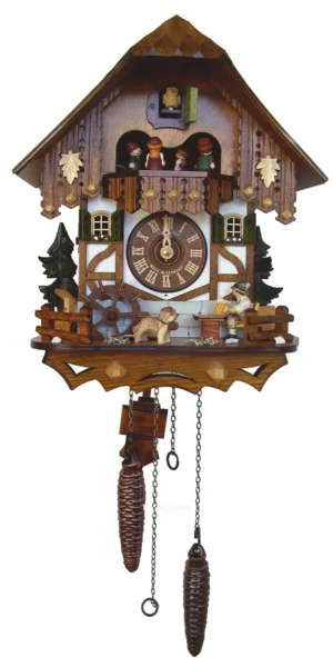 นาฬิกากุ๊กกูเยอรมัน Black Forest Germany ระบบ Quartz บ้านไม้สไตล์ Black Forest คนดื่มเบียร์เคลื่อนไหว กังหันน้ำหมุนได้ รหัสสินค้า 0421