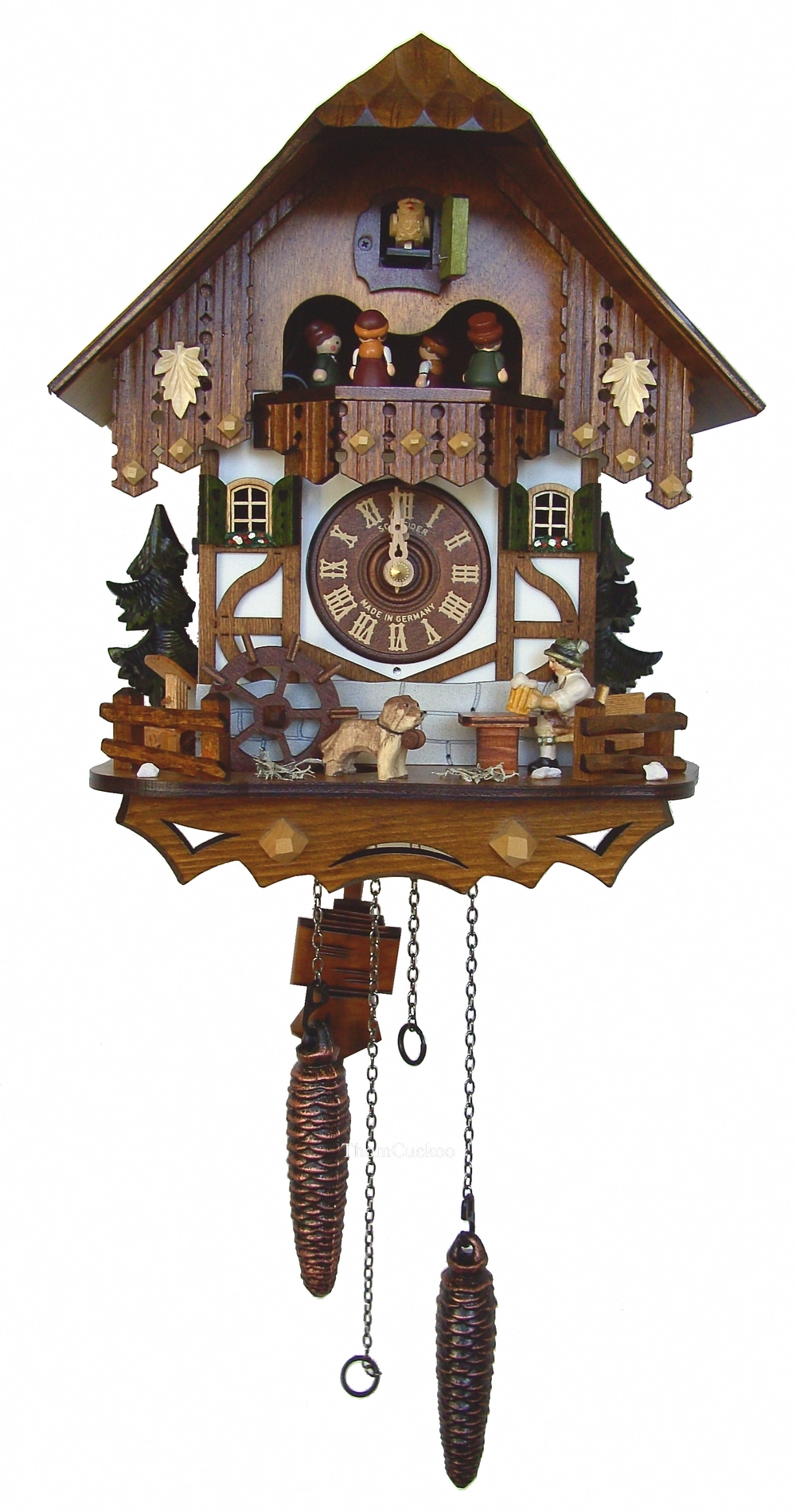 นาฬิกากุ๊กกูเยอรมัน Black Forest Germany ระบบ Quartz บ้านไม้สไตล์ Black Forest คนดื่มเบียร์เคลื่อนไหว กังหันน้ำหมุนได้ รหัสสินค้า 0421