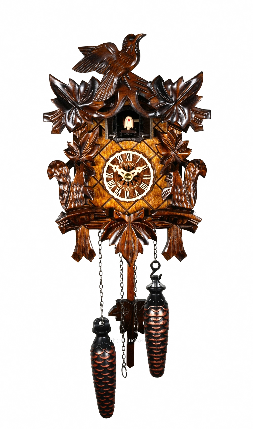 นาฬิกากุ๊กกูเยอรมัน Black Forest Germany ระบบ Quartz ลายใบไม้และนกแกะสลัก รหัสสินค้า 0341