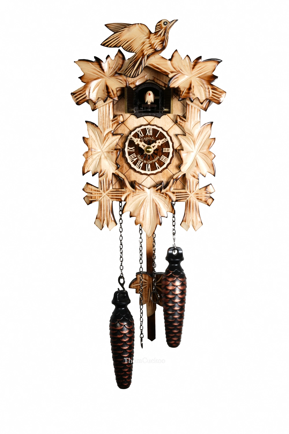 นาฬิกากุ๊กกูเยอรมัน Black Forest Germany ระบบ Quartz ลายใบไม้และนกแกะสลัก รหัสสินค้า 0344