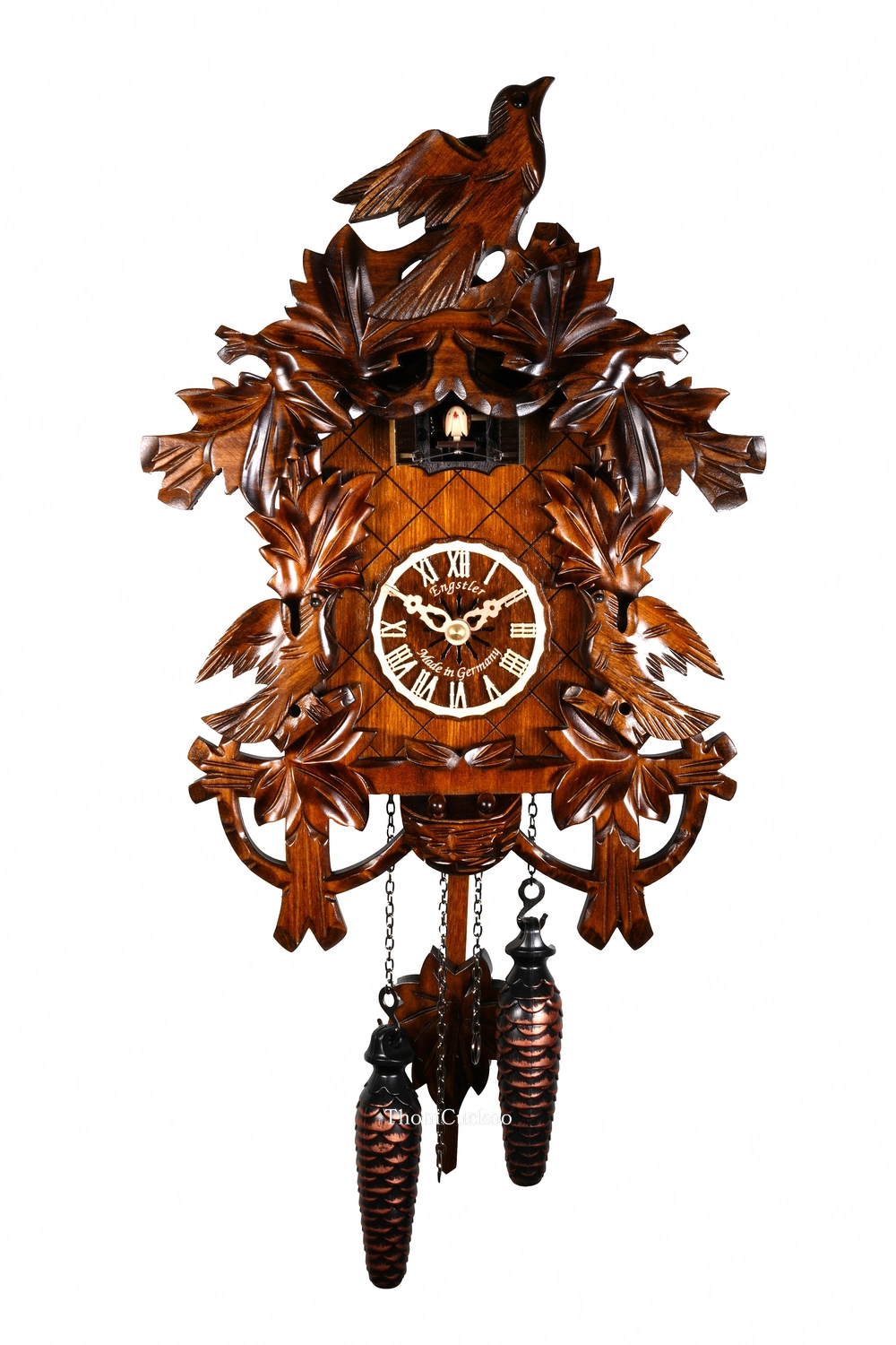 นาฬิกากุ๊กกูเยอรมัน Black Forest Germany ระบบ Quartz ลายใบไม้และนกแกะสลัก รหัสสินค้า 0373