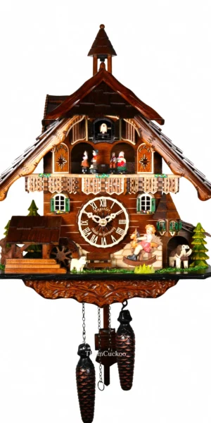 นาฬิกากุ๊กกูเยอรมัน Black Forest Germany ระบบ Quartz พร้อมเสียงดนตรี บ้านไม้สไตล์ Black Forest ตุ๊กตาเต้นระบำ ชิงช้าเคลื่อนไหว รหัสสินค้า 0297