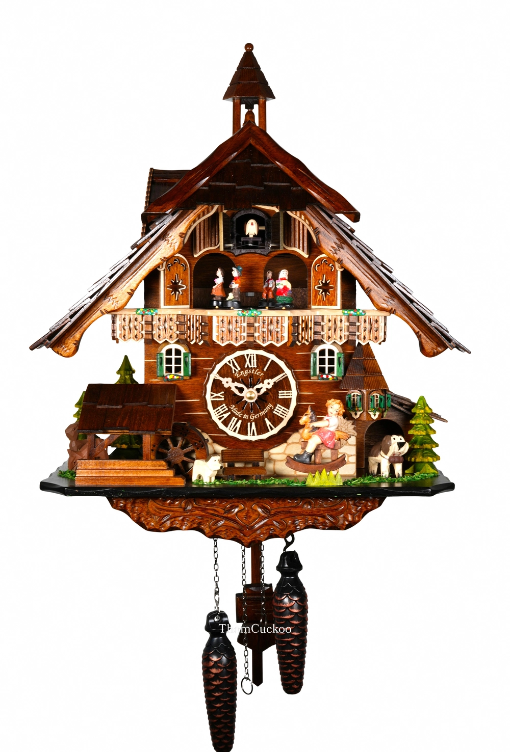 นาฬิกากุ๊กกูเยอรมัน Black Forest Germany ระบบ Quartz พร้อมเสียงดนตรี บ้านไม้สไตล์ Black Forest ตุ๊กตาเต้นระบำ ชิงช้าเคลื่อนไหว รหัสสินค้า 0297