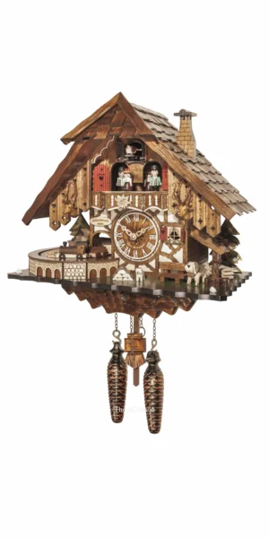 นาฬิกากุ๊กกูเยอรมัน Black Forest Germany ระบบ Quartz พร้อมเสียงดนตรี บ้านไม้สไตล์ Black Forest ตุ๊กตาเต้นระบำ รถไฟเคลื่อนไหว รหัสสินค้า 0266