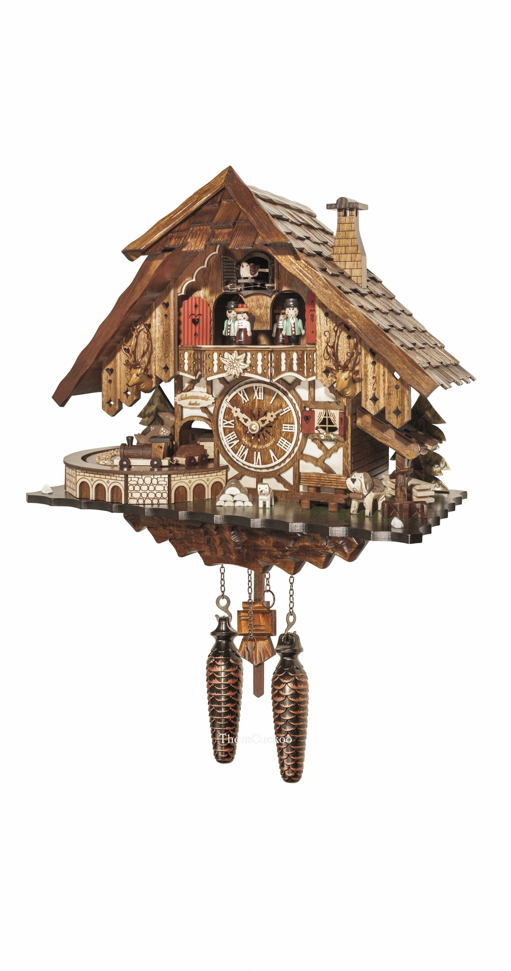 นาฬิกากุ๊กกูเยอรมัน Black Forest Germany ระบบ Quartz พร้อมเสียงดนตรี บ้านไม้สไตล์ Black Forest ตุ๊กตาเต้นระบำ รถไฟเคลื่อนไหว รหัสสินค้า 0266