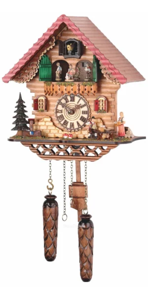 นาฬิกากุ๊กกูเยอรมัน Black Forest Germany ระบบ Quartz พร้อมเสียงดนตรี บ้านไม้สไตล์ Black Forest ตุ๊กตาเต้นระบำ รหัสสินค้า 0218