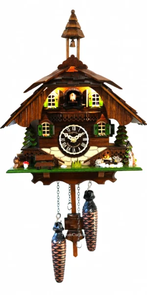 นาฬิกากุ๊กกูเยอรมัน Black Forest Germany ระบบ Quartz พร้อมเสียงดนตรี บ้านไม้สไตล์ Black Forest มีไฟประดับ รหัสสินค้า 0143