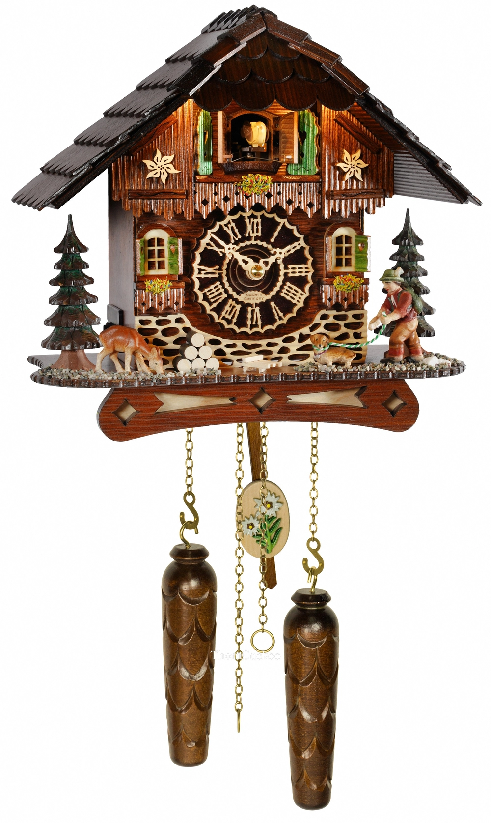 นาฬิกากุ๊กกูเยอรมัน Black Forest Germany ระบบ Quartz พร้อมเสียงดนตรี บ้านไม้สไตล์ Black Forest มีไฟประดับ รหัสสินค้า 0228