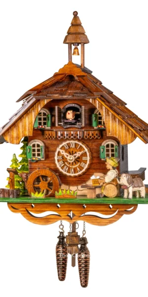 นาฬิกากุ๊กกูเยอรมัน Black Forest Germany ระบบ Quartz พร้อมเสียงดนตรี บ้านไม้สไตล์ Black Forest คนดื่มเบียร์เคลื่อนไหว กังหันน้ำหมุนได้ รหัสสินค้า 0192