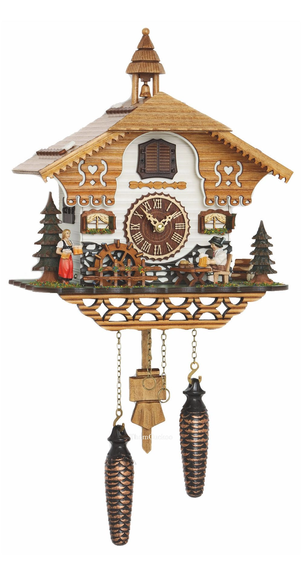 นาฬิกากุ๊กกูเยอรมัน Black Forest Germany ระบบ Quartz พร้อมเสียงดนตรี บ้านไม้สไตล์ Black Forest คนดื่มเบียร์เคลื่อนไหว กังหันน้ำหมุนได้ รหัสสินค้า 0213