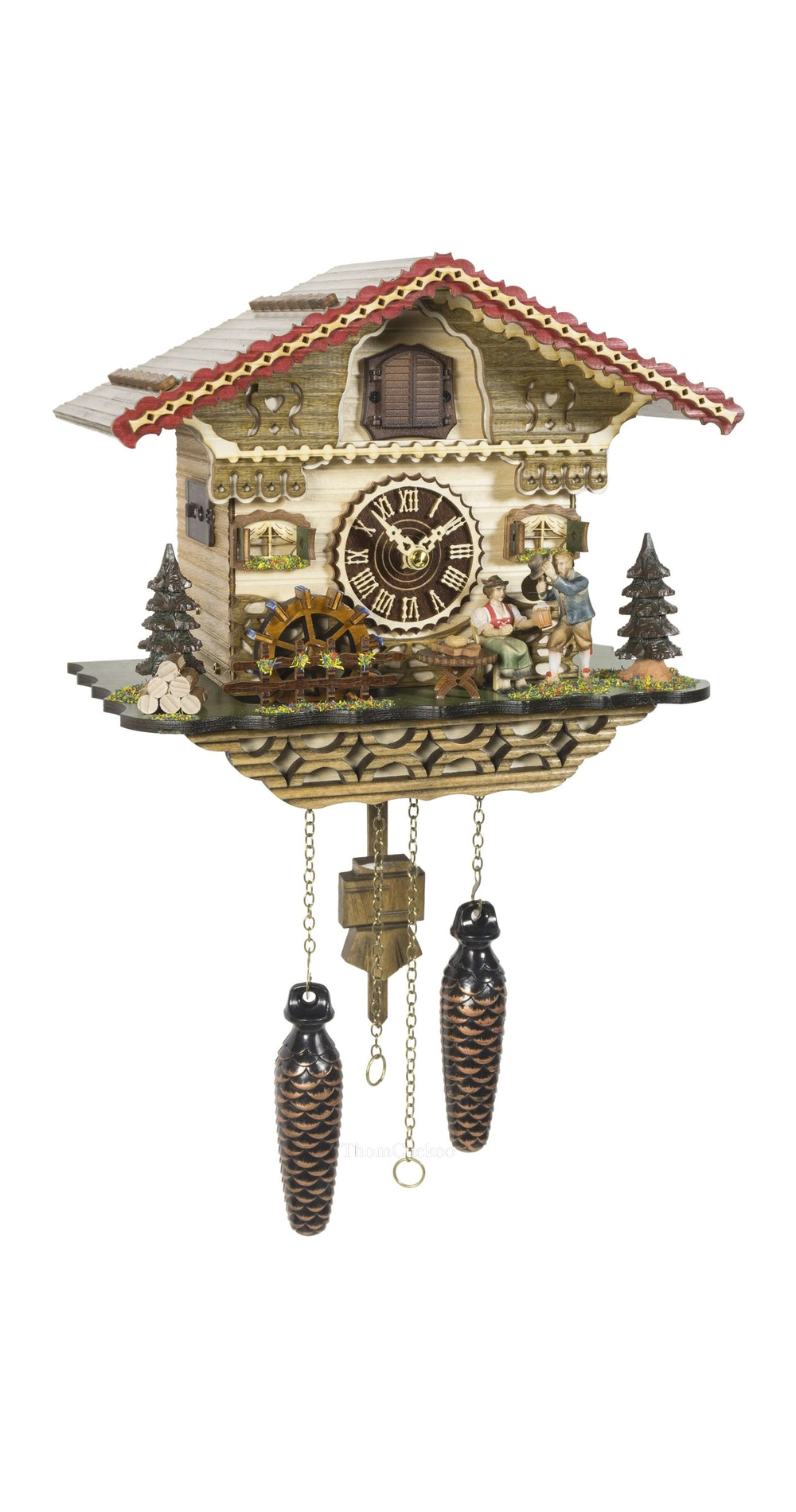 นาฬิกากุ๊กกูเยอรมัน Black Forest Germany ระบบ Quartz พร้อมเสียงดนตรี บ้านไม้สไตล์ Black Forest คนดื่มเบียร์เคลื่อนไหว กังหันน้ำหมุนได้ รหัสสินค้า 0214