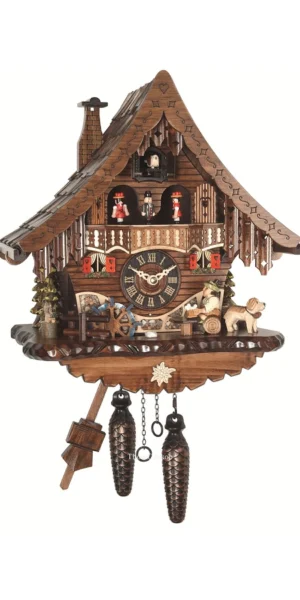 นาฬิกากุ๊กกูเยอรมัน Black Forest Germany ระบบ Quartz พร้อมเสียงดนตรี บ้านไม้สไตล์ Black Forest คนดื่มเบียร์เคลื่อนไหว กังหันน้ำหมุนได้ รหัสสินค้า 0236