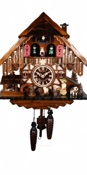 นาฬิกากุ๊กกูเยอรมัน Black Forest Germany ระบบ Quartz พร้อมเสียงดนตรี บ้านไม้สไตล์ Black Forest คนดื่มเบียร์เคลื่อนไหว กังหันน้ำหมุนได้ รหัสสินค้า 0241