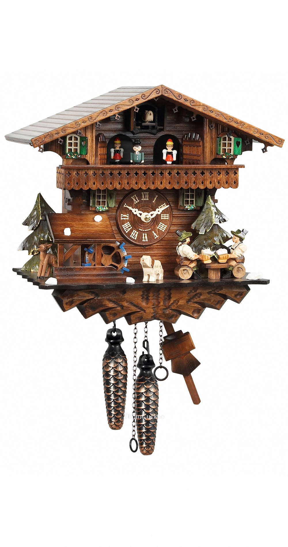 นาฬิกากุ๊กกูเยอรมัน Black Forest Germany ระบบ Quartz พร้อมเสียงดนตรี บ้านไม้สไตล์ Black Forest คนดื่มเบียร์คู่เคลื่อนไหว กังหันน้ำหมุนได้ รหัสสินค้า 0246