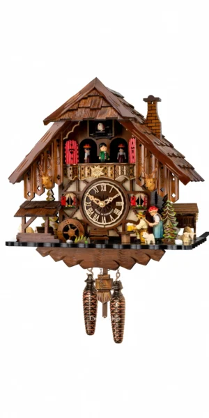นาฬิกากุ๊กกูเยอรมัน Black Forest Germany ระบบ Quartz พร้อมเสียงดนตรี บ้านไม้สไตล์ Black Forest คนดื่มเบียร์เคลื่อนไหว กังหันน้ำหมุนได้ ตัวละครหญิงเคลื่อนไหว รหัสสินค้า 0256