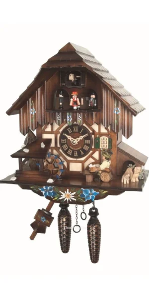 นาฬิกากุ๊กกูเยอรมัน Black Forest Germany ระบบ Quartz พร้อมเสียงดนตรี บ้านไม้สไตล์ Black Forest คนดื่มเบียร์คู่เคลื่อนไหว กังหันน้ำหมุนได้ รหัสสินค้า 0262