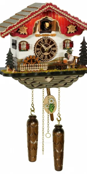 นาฬิกากุ๊กกูเยอรมัน Black Forest Germany ระบบ Quartz พร้อมเสียงดนตรี บ้านไม้สไตล์ Black Forest คนดื่มเบียร์เคลื่อนไหว กังหันน้ำหมุนได้ มีไฟประดับ รหัสสินค้า 0267