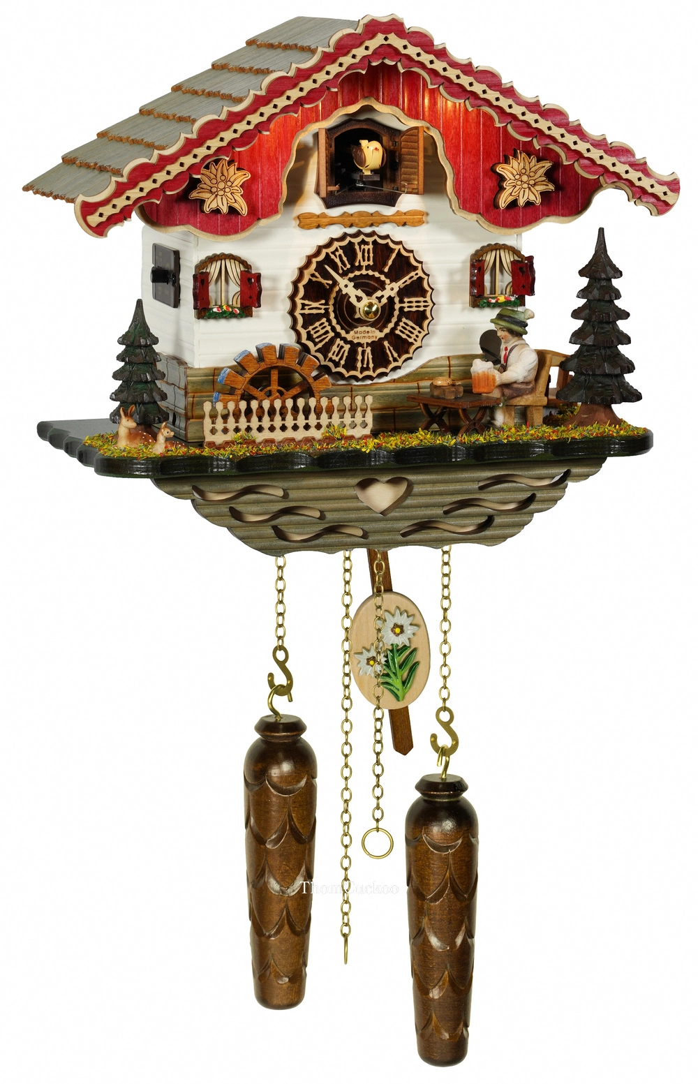 นาฬิกากุ๊กกูเยอรมัน Black Forest Germany ระบบ Quartz พร้อมเสียงดนตรี บ้านไม้สไตล์ Black Forest คนดื่มเบียร์เคลื่อนไหว กังหันน้ำหมุนได้ มีไฟประดับ รหัสสินค้า 0267
